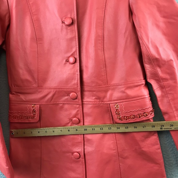 Vintage Metrostyle Genuine Leather Coral Beaded Collar Button Front Jacket S - Picture 9 of 10